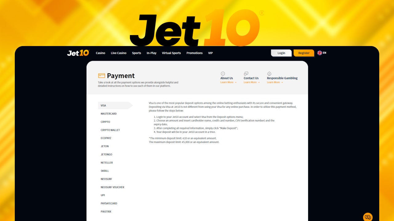 jet10 casino payment methods