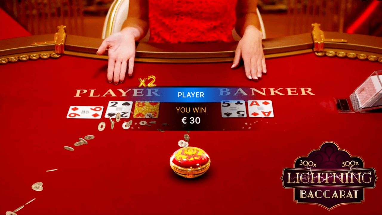 lightning baccarat live casino table with dealt cards